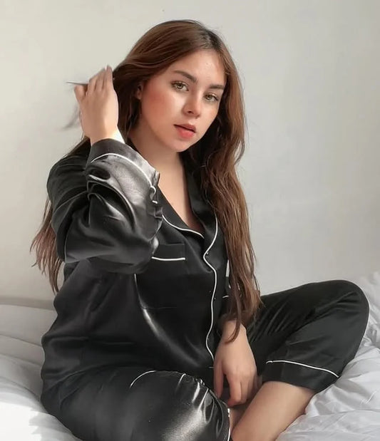 Silk Night Suit For Women - Black