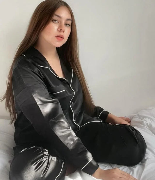Silk Night Suit For Women - Black