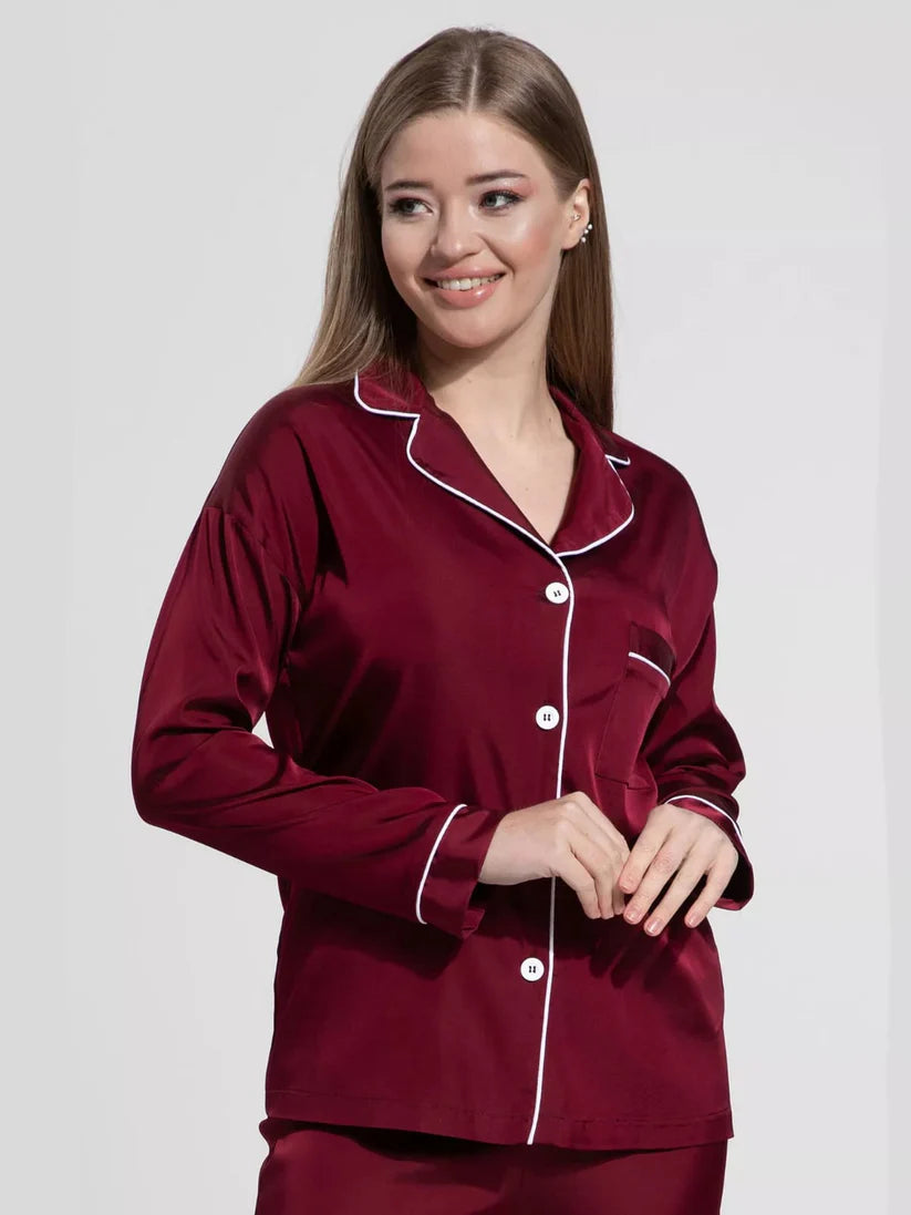 Silk Night Suit For Women - Maroon
