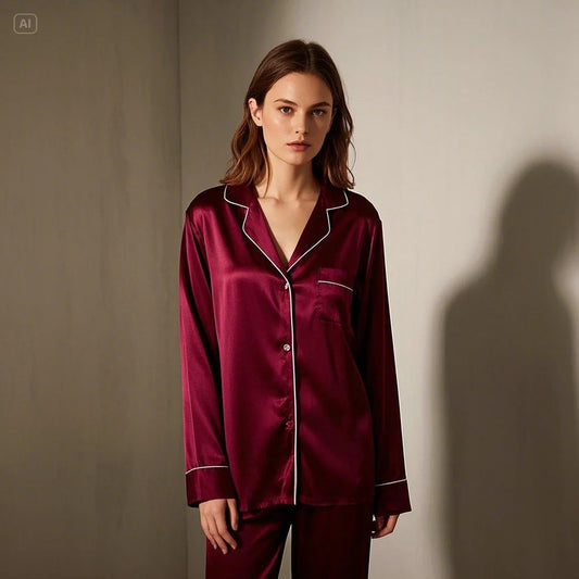Silk Night Suit For Women - Maroon